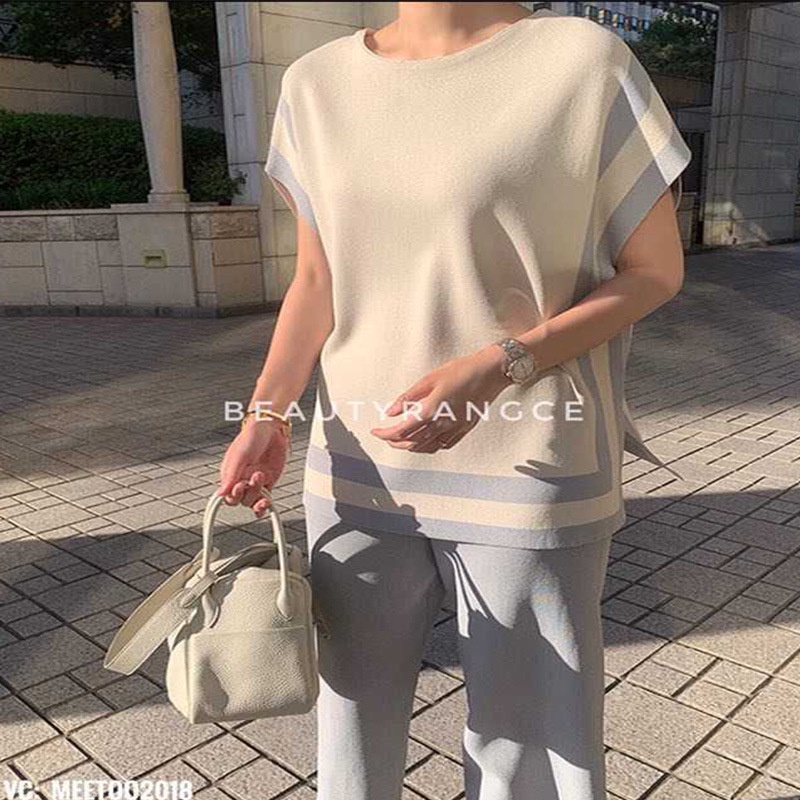 Bộ Áo sweater Lụa Lạnh Màu Sắc Chính Hãng Hàn Quốc + Quần Ống Rộng 361M