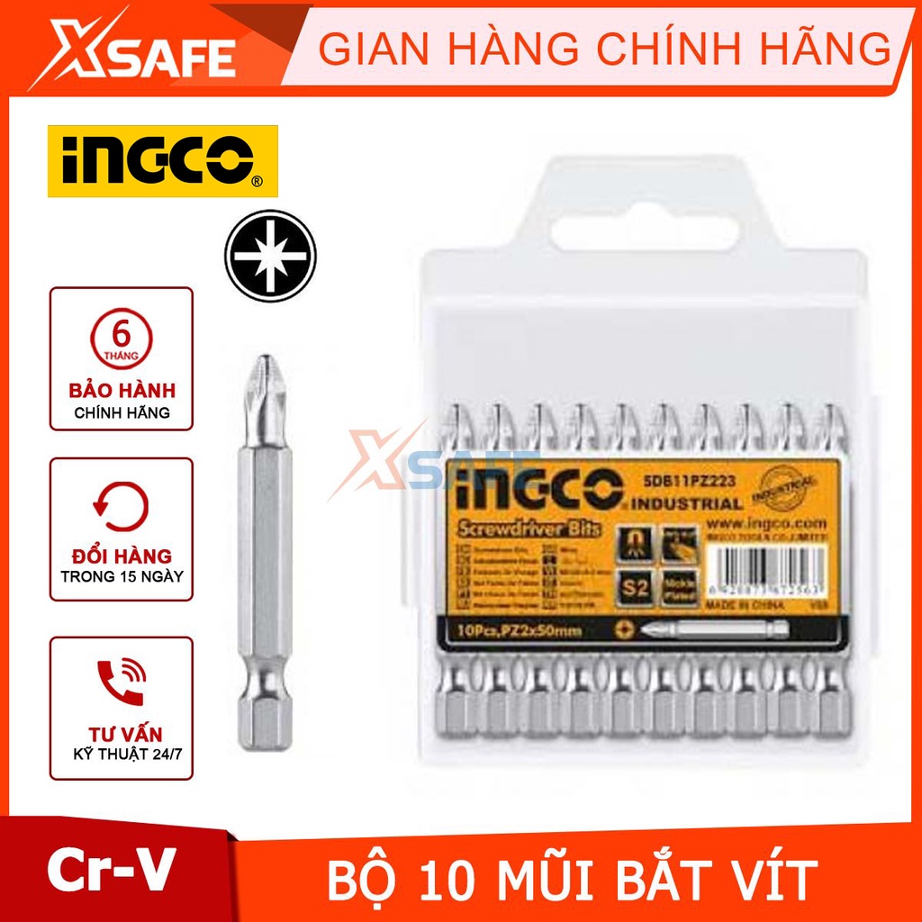 Bộ mũi siết vít đa năng INGCO size PZ1-PZ2-PZ3 10 chi tiết, mũi bắn vít thép Cr-V siêu bền cứng [CHÍNH HÃNG][XSAFE]