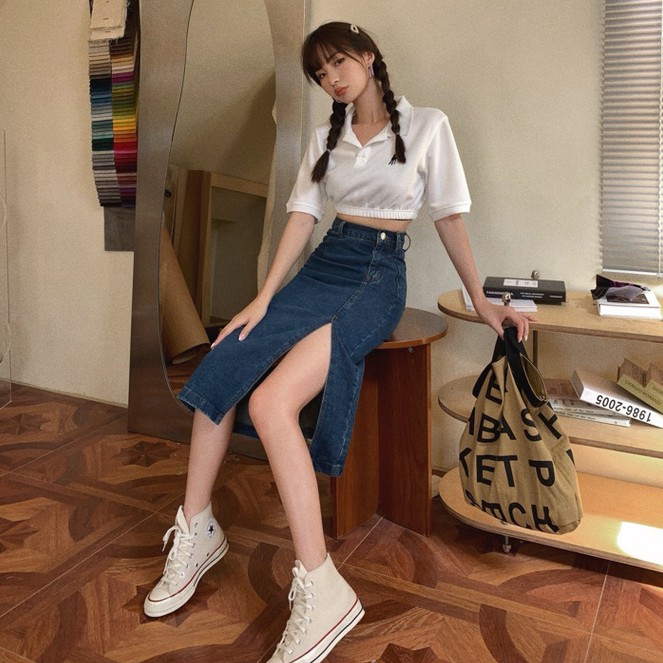 Chân váy jean cạp cao xẻ tà cá tính thời trang 43784