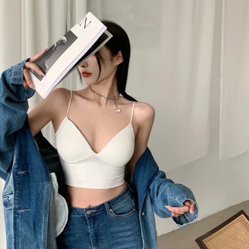 Áo Croptop Cổ Chữ V Cúp Ngực Nhỏ Ôm Ngực / Gân Không Gọng Thép Gợi Cảm Kiểu Pháp