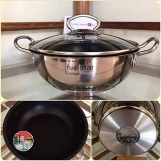 CHẢO Inox Sâu Lòng FIVE STAR 3 Đáy Chống Dính Size 20cm, Nắp Kính. ( Đồ Gia Dụng SK )