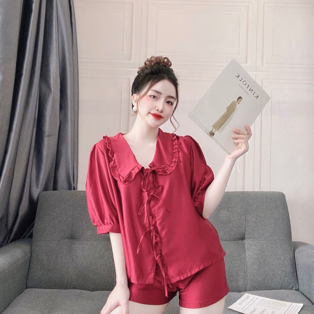 Đồ Bộ Tiểu Thư Mặc Nhà Chất Vải Satin Lụa Cao Cấp Cột Dây Nút - DOMIN | BigBuy360 - bigbuy360.vn