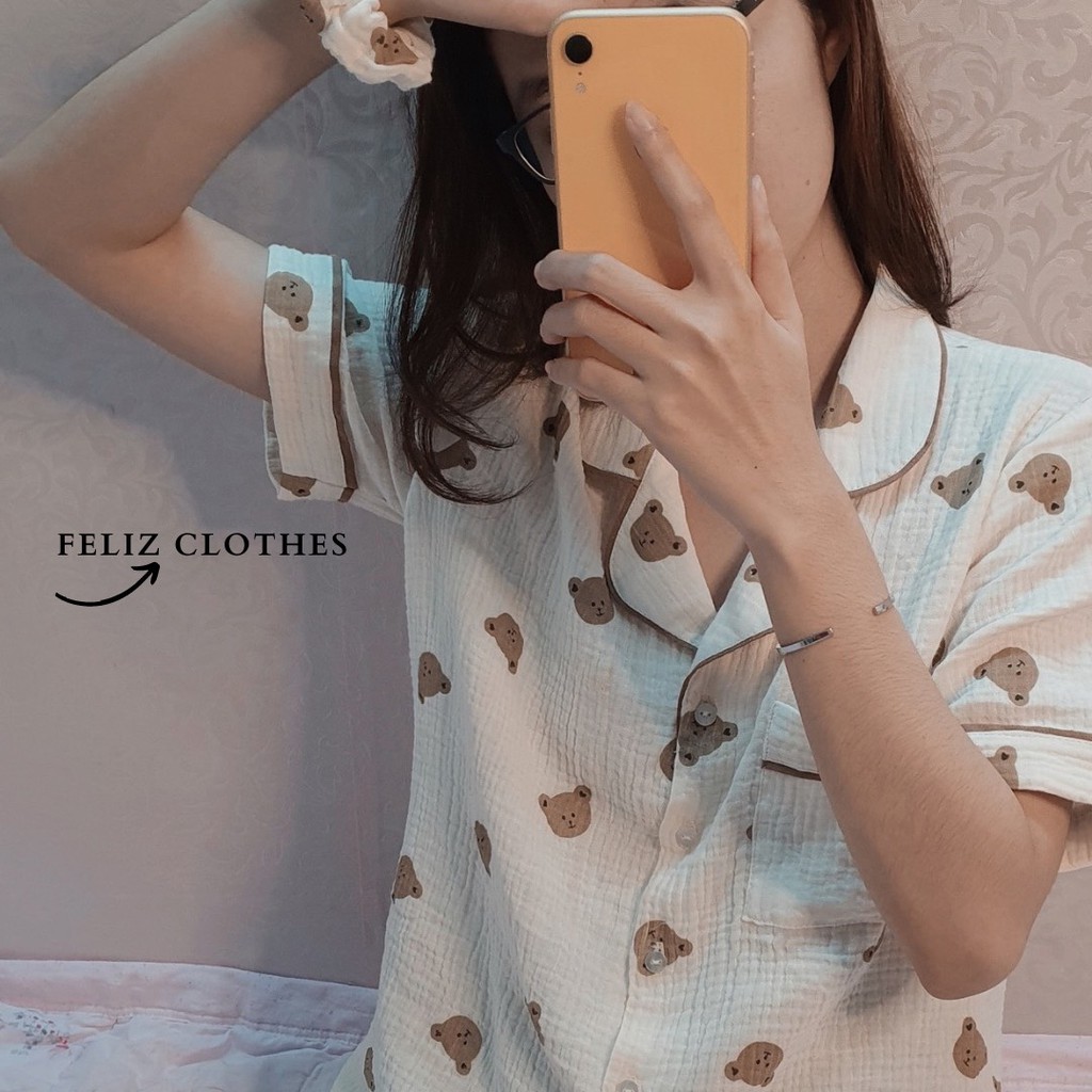 Pyjama xô muslin gấu nâu siêu dễ thương
