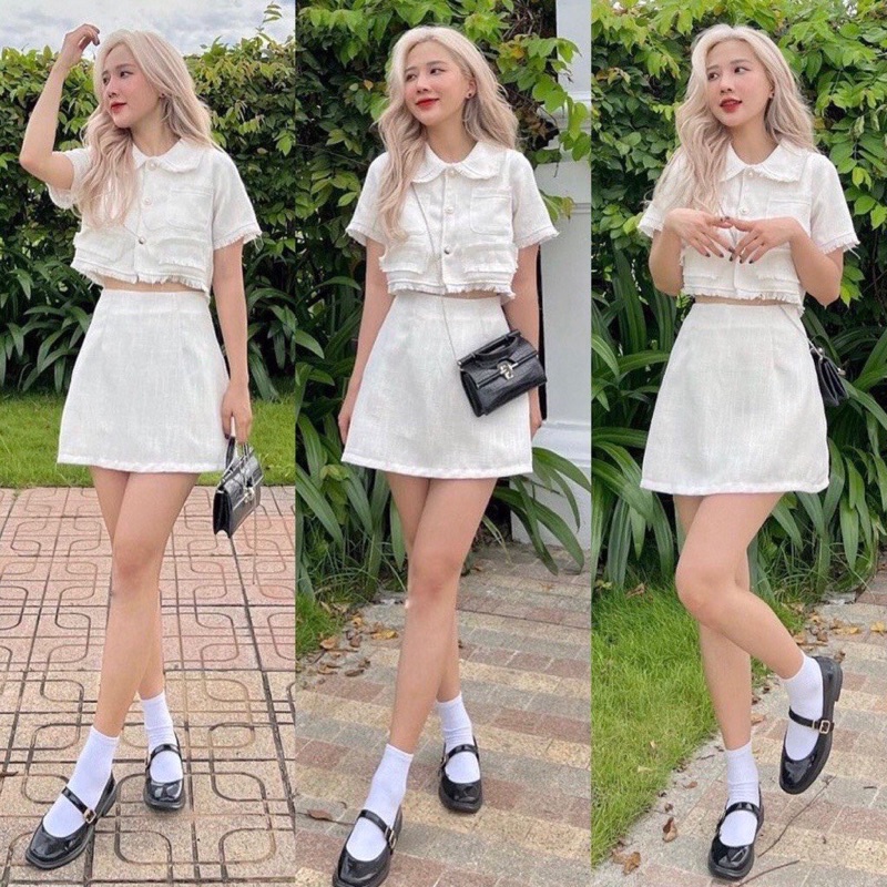 Set áo dạ tweed cộc tay cổ bèo cúc ngọc kèm chân váy trơn