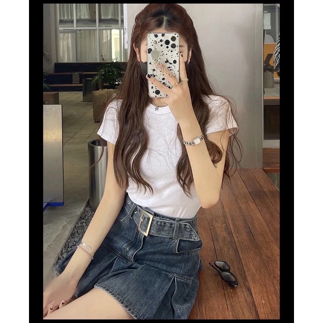 Chân váy jean xếp ly dáng chữ a kèm đai jean thời trang SẴN