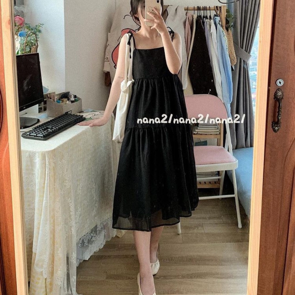 ĐẦM BABY DOLL BUỘC VAI VOAN XƯỚC CỰC XINH CÓ DÂY BUỘC VAI KIỂU DÁNG HÀN QUỐC, HAI MÀU ĐEN VÀ BE