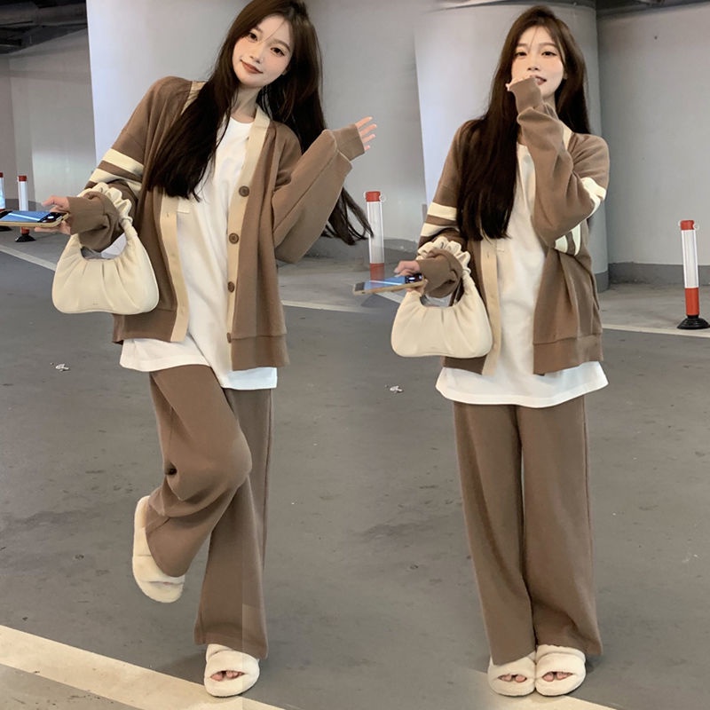 Bộ Đồ Thể Thao Hai Mảnh Áo Khoác Cardigan Phối Quần Dài Ống Rộng Phong Cách Mới 2022