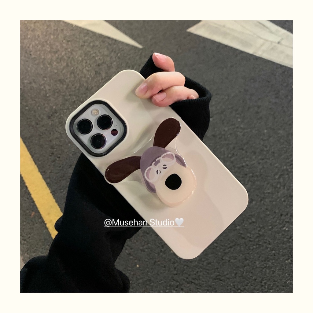 Ốp điện thoại họa tiết hoạt hình Master Dog màu trắng sữa đơn giản kèm giá đỡ cho iPhone 12 13ProMax
