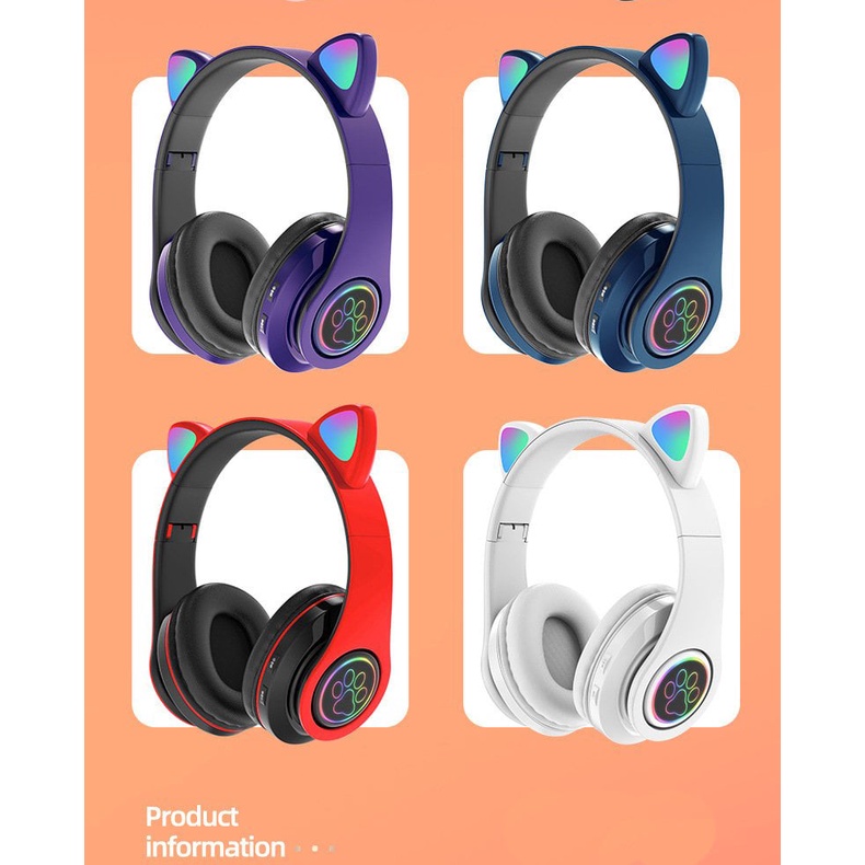 Tai nghe chụp tai Bluetooth mèo cute, headphone chân mèo không dây dễ thương, tai phone gaming có mic, đèn led siêu đẹp