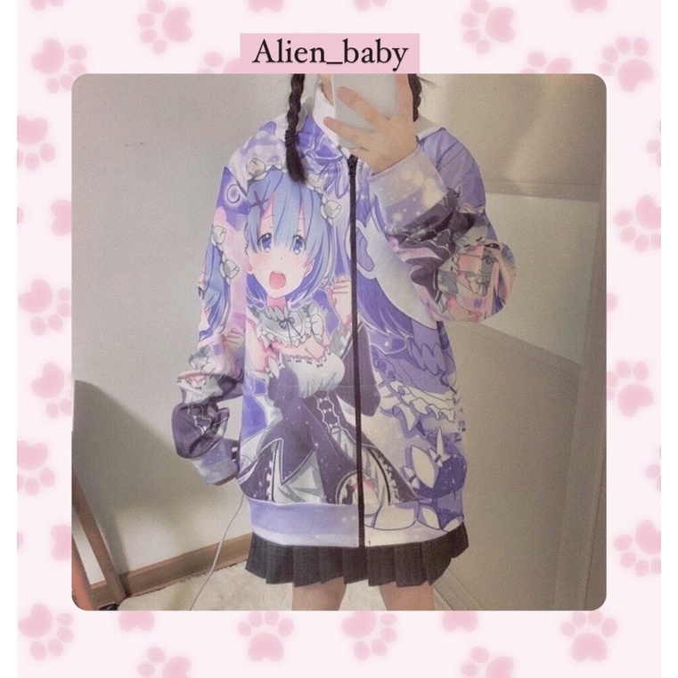 Áo khoác hoodie zip in hình anime nhân vật REM
