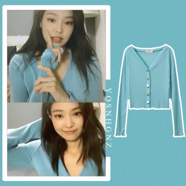 Áo crop cổ tim xanh tay dài giống Jennie live