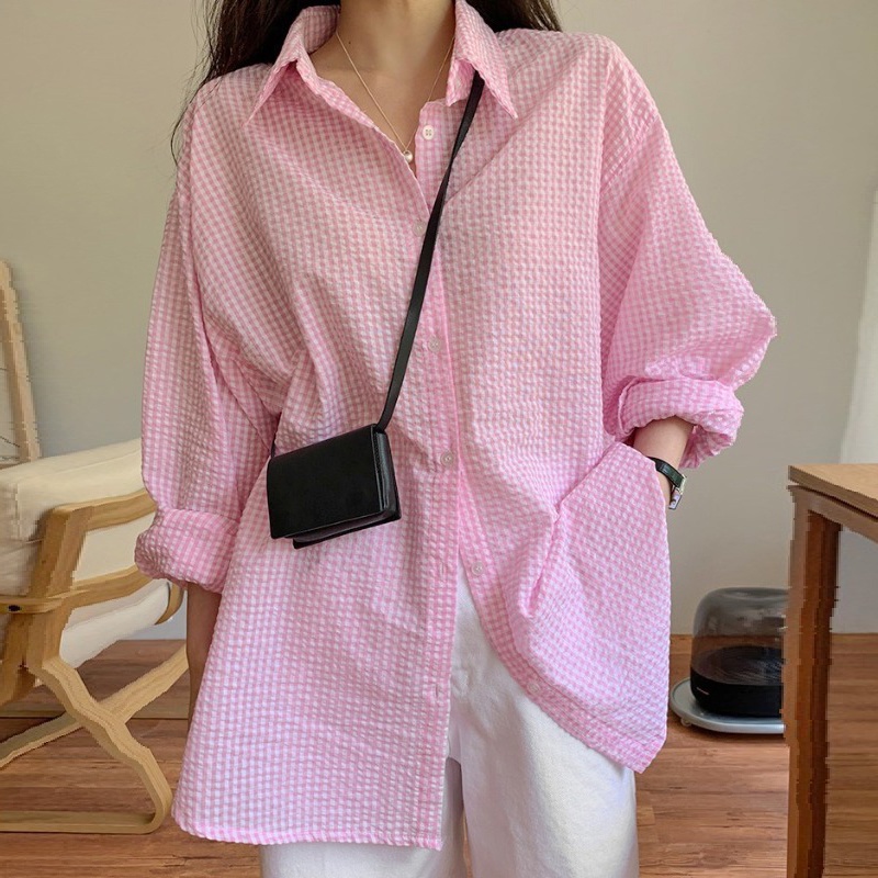 Áo sơ mi XIAOZHAINV cho nữ dáng rộng họa tiết caro phong cách Hàn Quốc