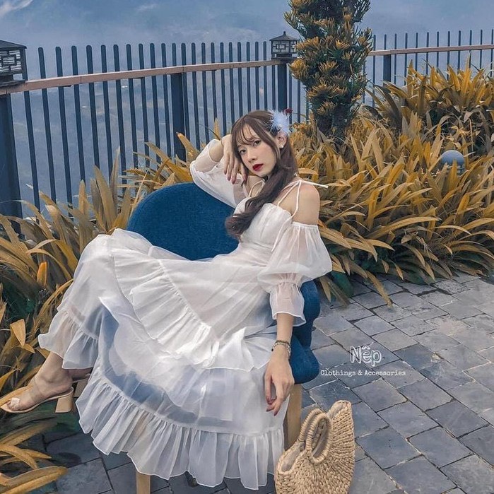 Đầm Maxi trắng tầng rớt vai đi du lịch đi biển đi tiệc đi đám cưới