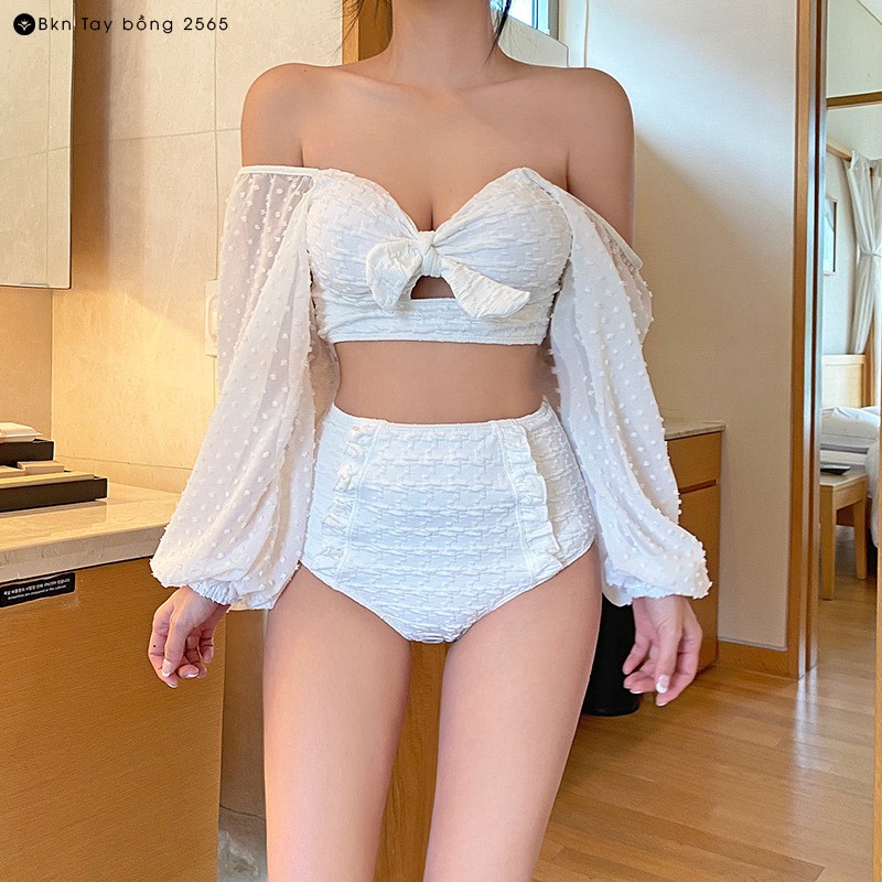 Bikini 2 Mảnh Tay Bồng VINTAGE Tiểu thư❣️[FREESHIP]❣️ Set đồ bơi 2 mảnh quần cạp cao, tay dài cực xinh