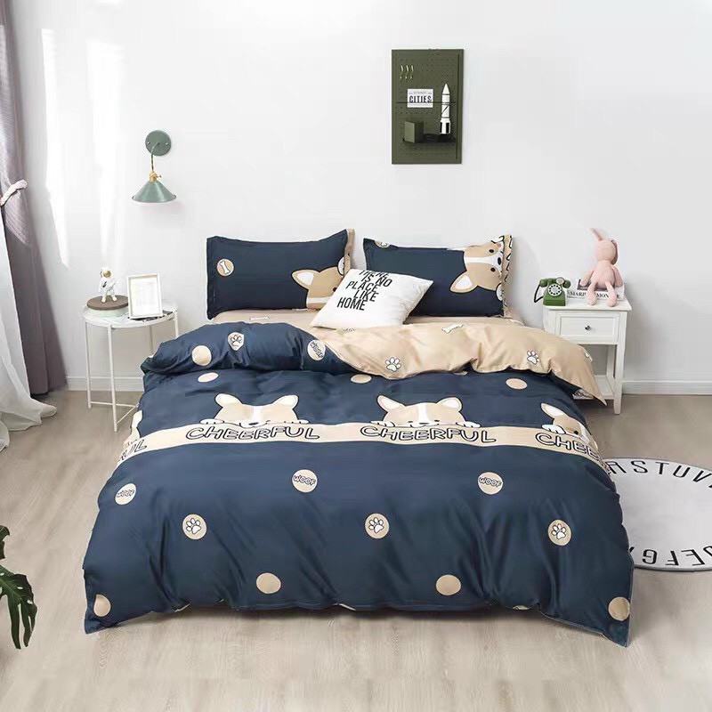 Bộ chăn ga gối Cotton poly M2T bedding Cún yêu, vỏ chăn mền, drap nệm và 2 vỏ gối