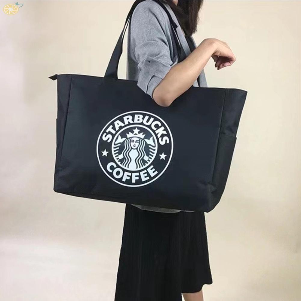 Túi Mua Sắm Bằng Vải Canvas Chống Thấm Nước Sức Chứa Lớn Siêu Bền In Logo Starbucks Thời Trang