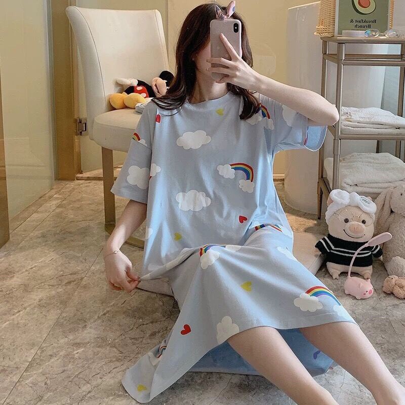 Đầm ngủ thun hoa tiết quảng châu, chất cotton form rộng thoáng mát