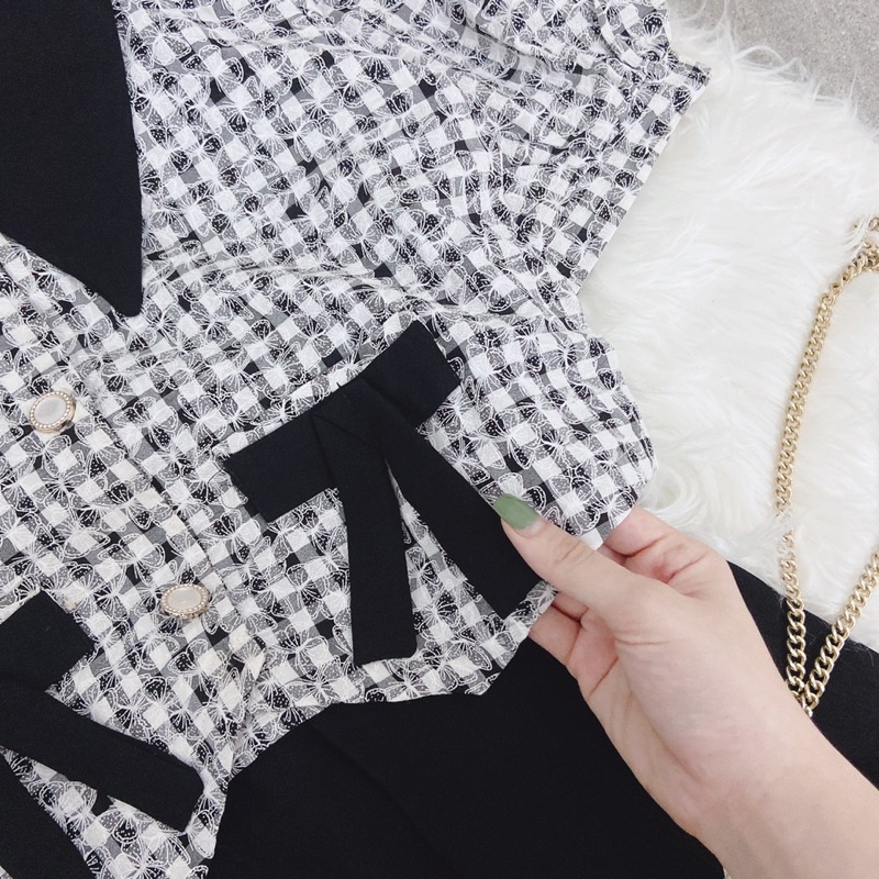 SET ÁO DẠ CARO CỔ VIỀN ĐEN THẮT NƠ TÚI + CHÂN VÁY MIDI ĐEN