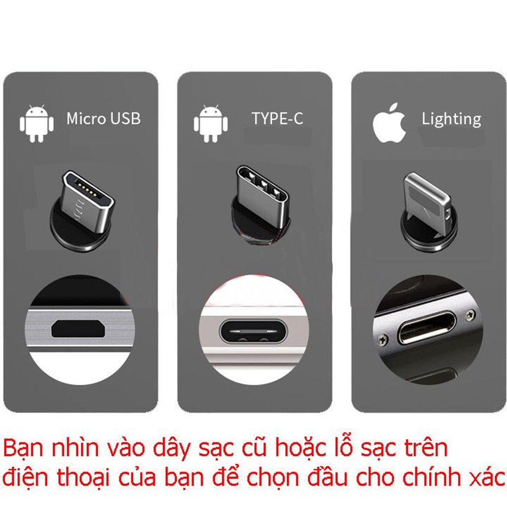 Cáp sạc từ hít nam châm 3 đầu Android và iPhone 360 độ dây dù,có LED casealpha