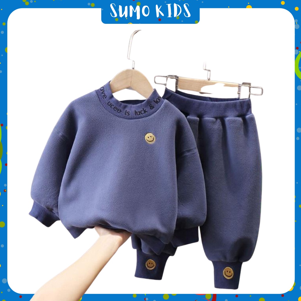 Bộ Nỉ Bông Thêu Mặt Cười Cực Xinh Và Ấm, Bộ Nỉ Cho Bé Trai, Bé Gái - SUMO KIDS