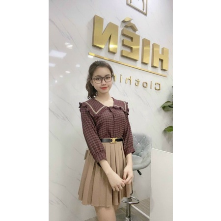 Áo sơ mi kẻ cổ viền bánh bèo chất thô mềm