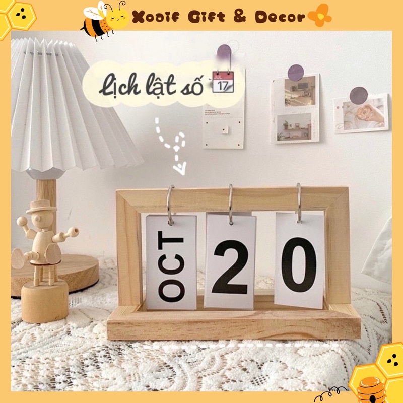 Lịch gỗ để bàn 2023 2024, lịch lật số mini trang trí phong cách tối giản