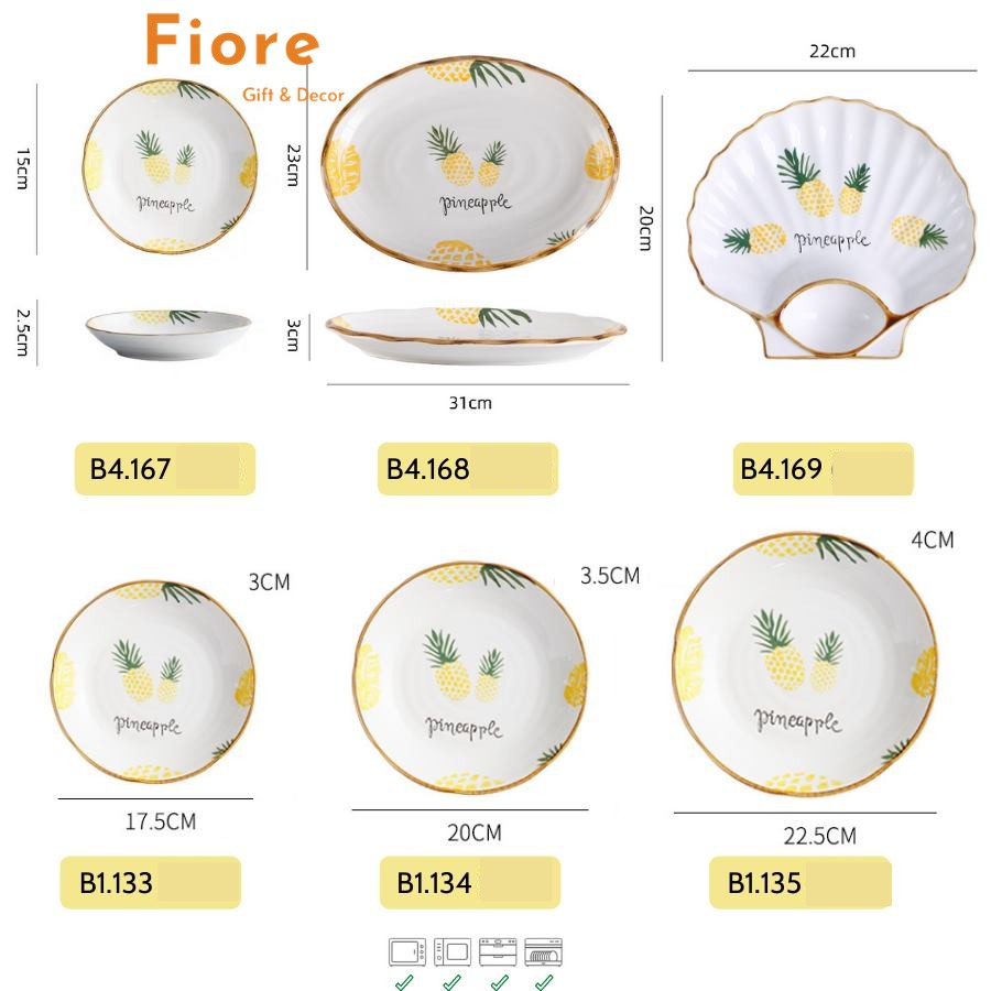 Đĩa sứ, đĩa decor - họa tiết dứa viền nâu - phụ kiện bàn ăn đẹp với nhiều mẫu xinh xắn