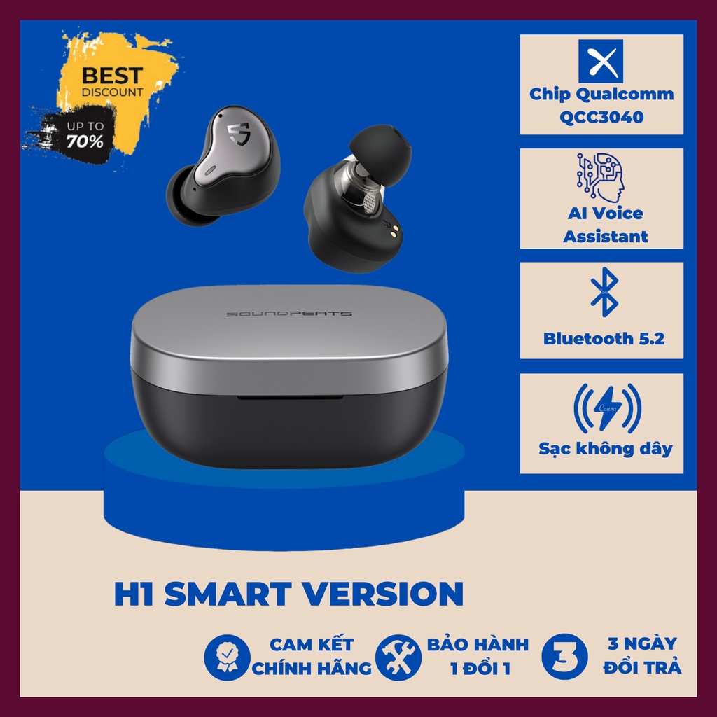 Tai Nghe True Wireless Soundpeats H1 Smart Version Game Mode QCC3040 Với Sạc Không Dây