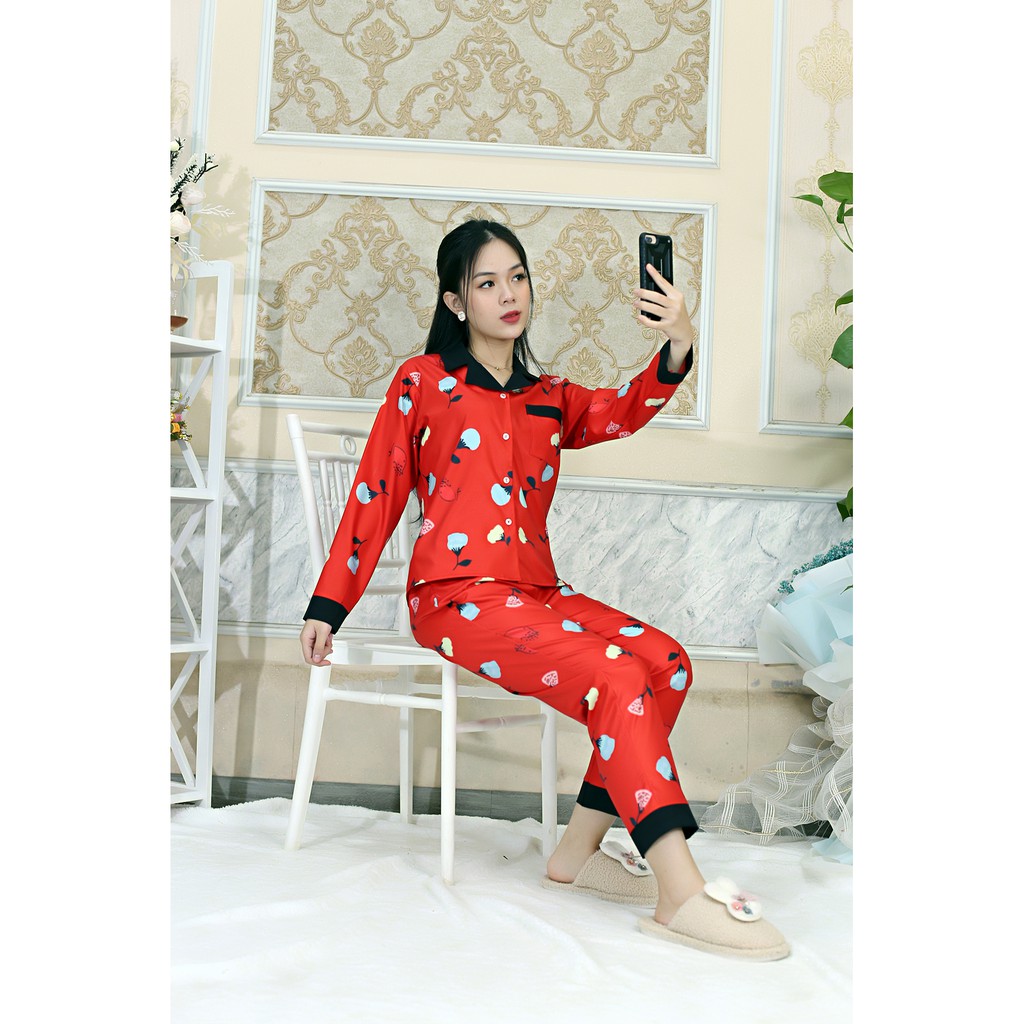 Bộ đồ Pijama nữ dài họa tiết NỀN ĐỎ PHA CỔ ĐEN - vải siêu lụa cao cấp - Cực Kì Sang Chảnh