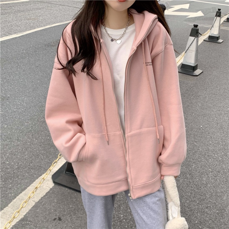 Áo Hoodie Bằng Vải Bông Dày Dặn Màu Hồng Thời Trang Hàn Quốc