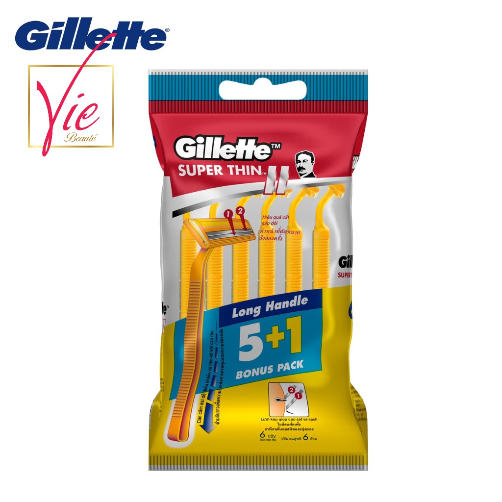 Dao Cạo Gillette Super Thin II - Dao cạo râu Gillette cán vàng túi 5 + 1 cái