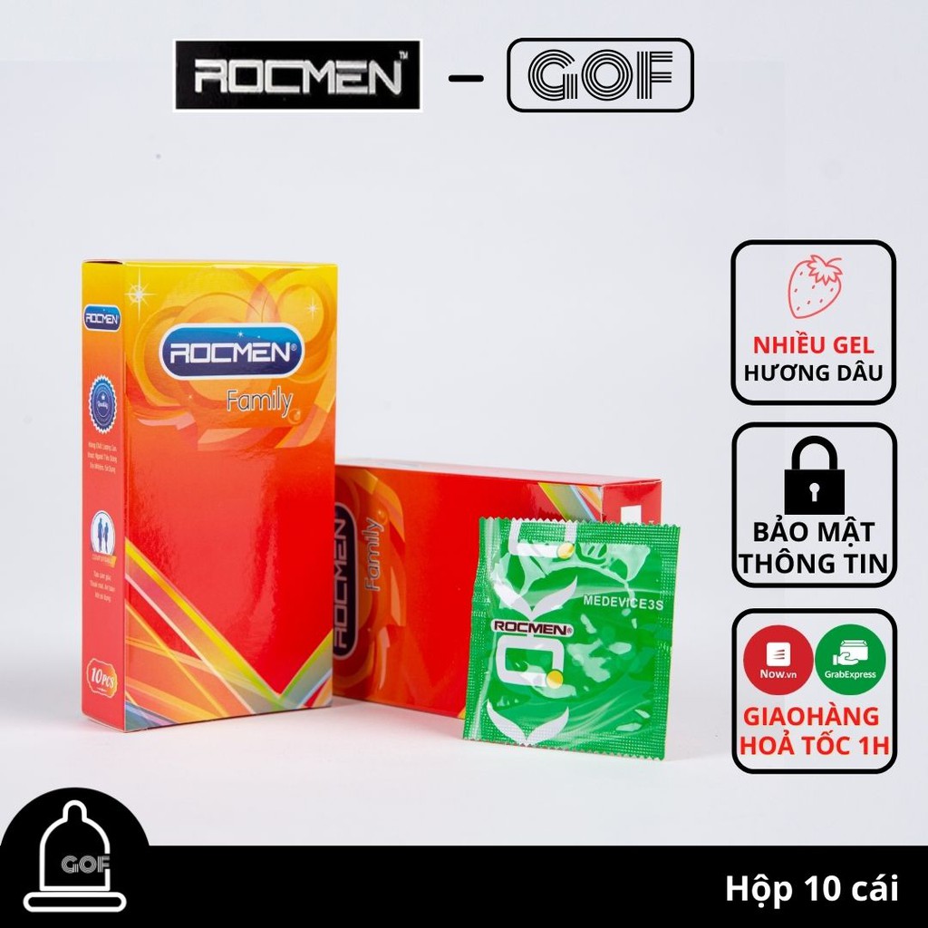 Bao cao su hương dâu Rocmen Family nhiều gel dành cho gia đình Hộp 10C– GoF