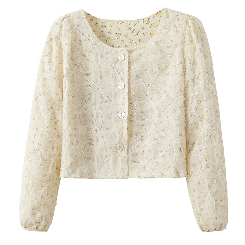 Áo Sơ Mi Tay Dài Phối Lưới In Họa Tiết Hoa Anh Đào Dễ Thương Thời Trang Mùa Thu Phong Cách Hàn Quốc Cho Nữ