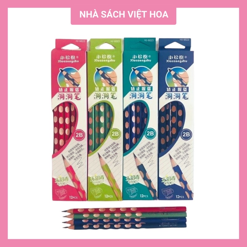Hộp 12 bút chì gỗ định vị tay cầm 2B_Tặng 1 gọt chì