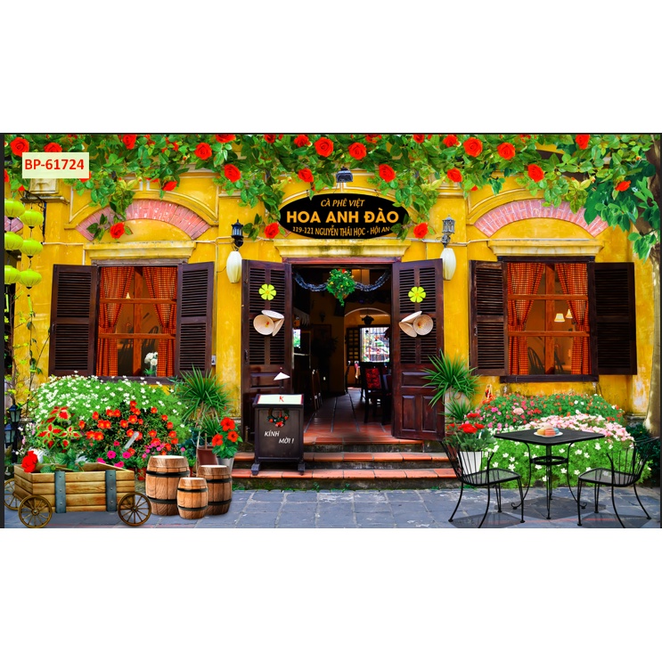 Tranh dán tường khổ lớn Quán Cafe, Trà chanh, Trà Sữa, Trang Trí Cửa Hàng 3D