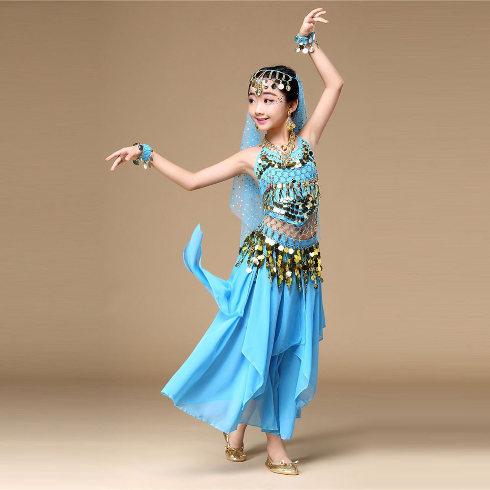 Bộ trang phục múa bụng phong cách Ấn Độ gồm áo và chân váy dành cho bé gái
