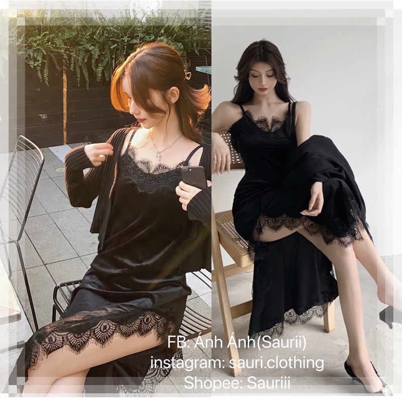 🖤Đầm tiểu thư nhung suông đi tiệc 2 dây pha ren sang chảnh quyến rũ sexy|Đầm suông maxi xẻ tà ren basic ôm body dáng dài