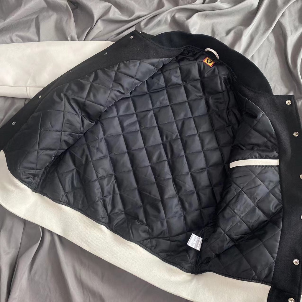 Human MADEx AWGE A $Ap Rocky Human Testing Áo Khoác Bóng Chày Đồng Phục Áo Khoác Bóng Chày Bằng Da Cotton Màu Đen Trắng Ghép Vải