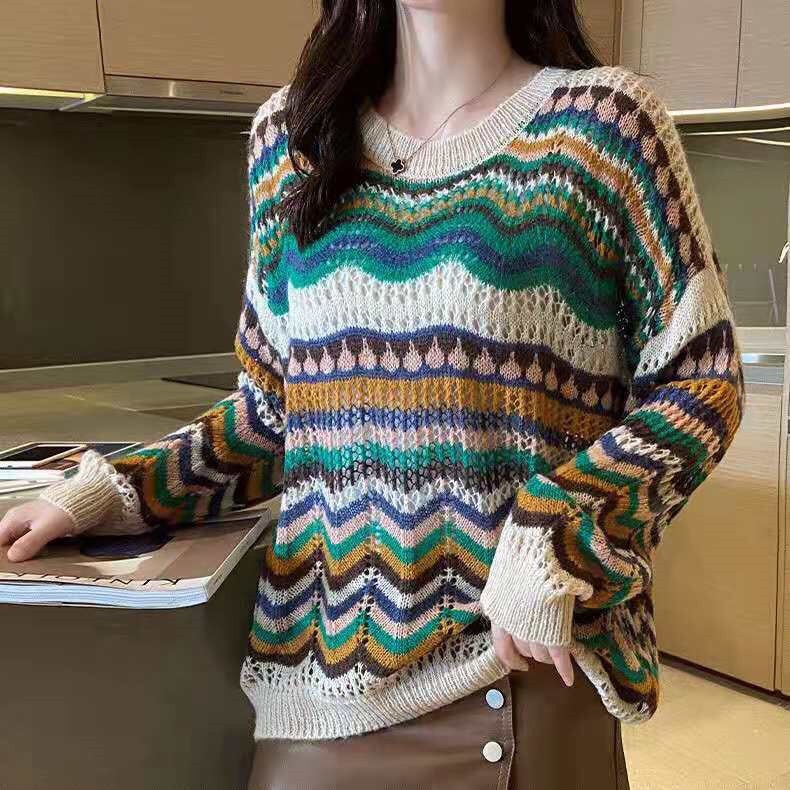 Áo len tay dài cổ tròn dáng rộng phong cách Hàn Quốc (ảnh thật)