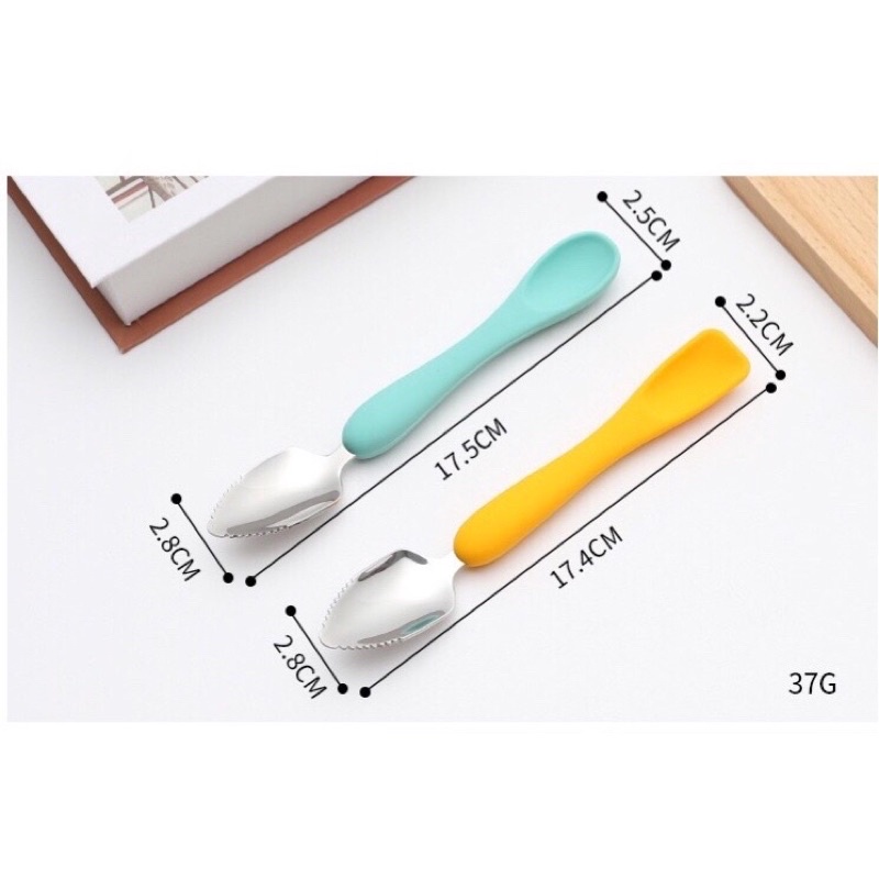 [Kèm Hộp Đựng Sạch Sẽ] Thìa Nạo Hoa Quả 2 Đầu Tiện Lợi Cho Bé Kết Hợp Thìa Ăn Dặm Silicon