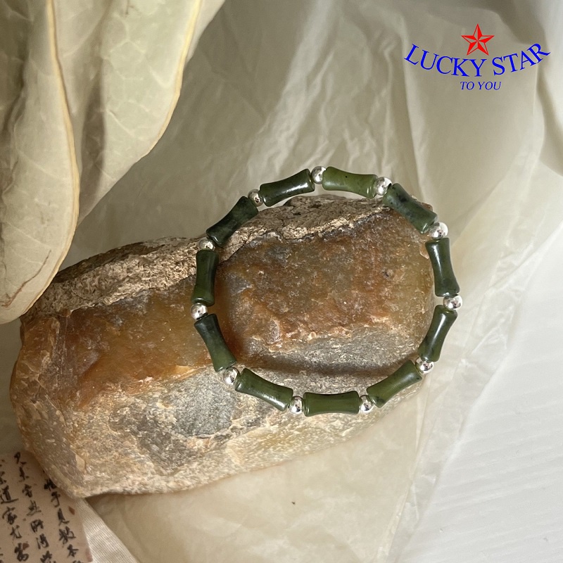 Vòng tay đá xanh ngọc đốt trúc tự nhiên và thép titan thời trang thời đại mới phá cách  nam nữ  trẻ trung mới lạ độc đáo