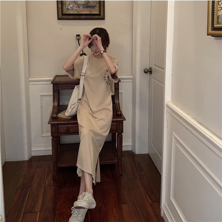 IELGY   Đầm Tay Ngắn Cổ Tròn Eo Cao Xẻ Tà Phong Cách Hàn Quốc Thời Trang Cho Nữ