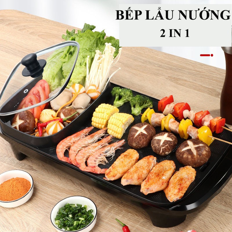 [Sẵn hàng] Bếp lẩu nướng đa năng 2IN1 - Nồi lẩu nướng phủ men chống dính CAO CẤP, công suất 1500W phù hợp 5-6 người dùng