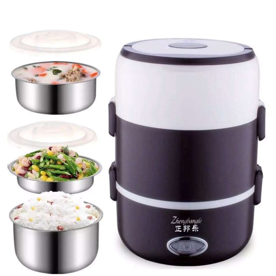 Hộp cơm đen trắng cao cấp Lunchbox cắm điện 3 tầng