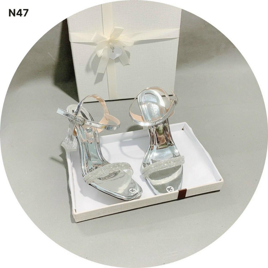 Giày sandal nữ cao gót 7p hở ngón mũi vuông gót trong quai ngang đính đá rẻ đẹp thời trang
