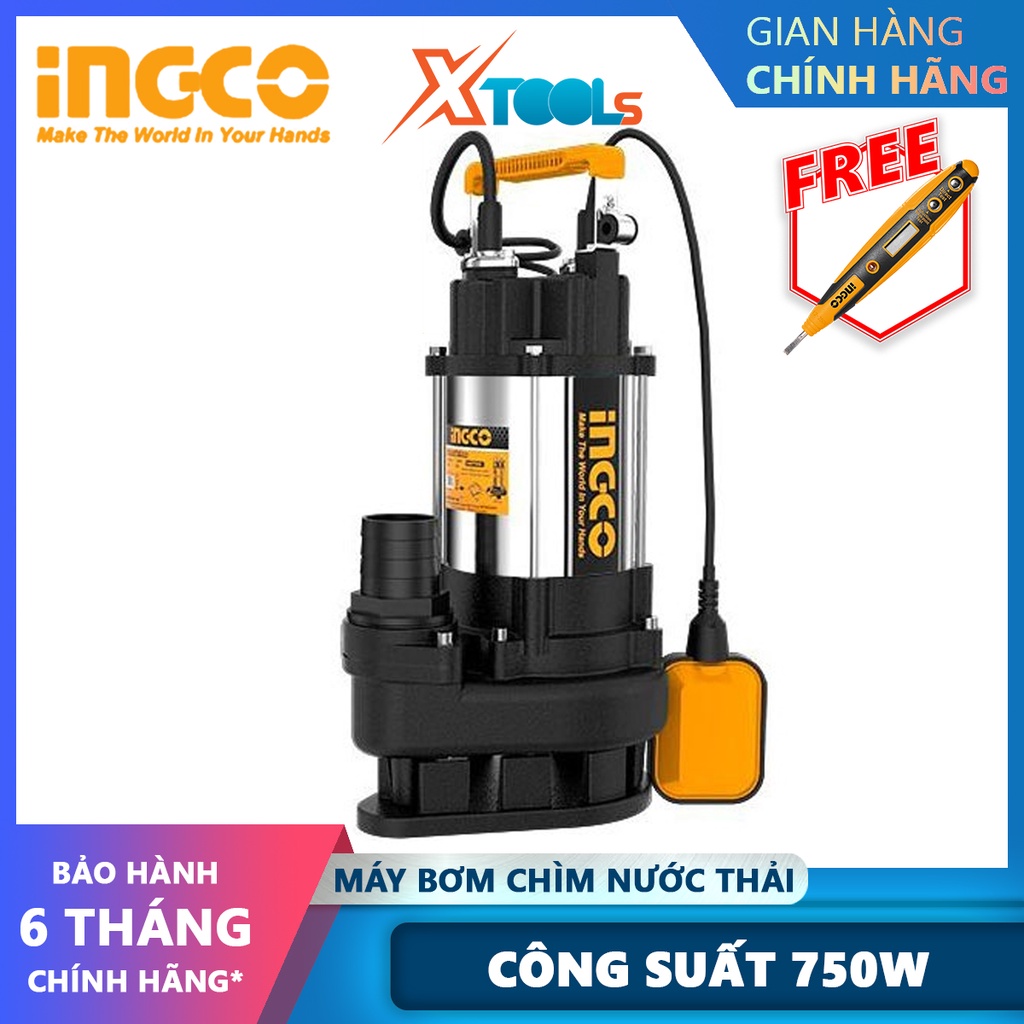 Máy bơm chìm nước thải INGCO SPDS7508 Máy bơm nước thải Điện thế 220-240V~50Hz Công suất 750W(1.0HP) Chiều cao bơm tối đ