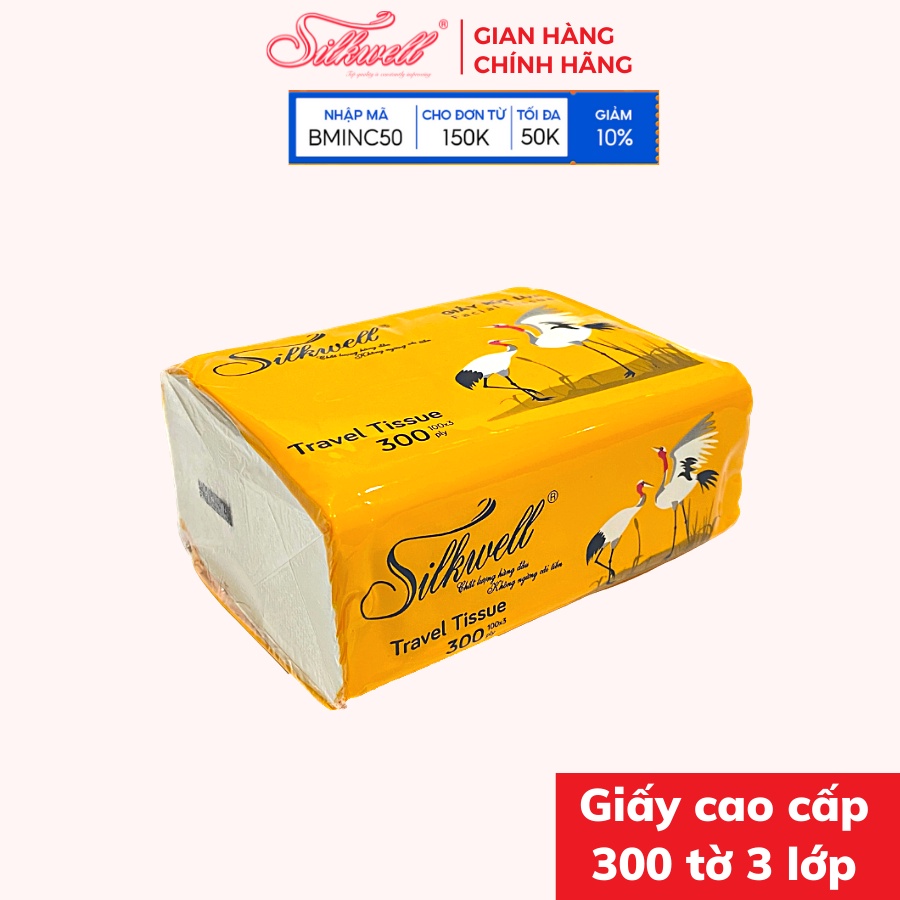 Giấy rút Silkwell Sếu 300 tờ 3 lớp hàng cao cấp, khăn giấy rút lụa siêu mềm mịn không tẩy trắng chính hãng