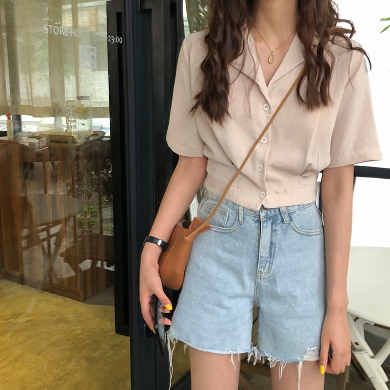 Xiaozhainv Áo Sơ Mi Chiffon Tay Ngắn Phong Cách Hàn Quốc