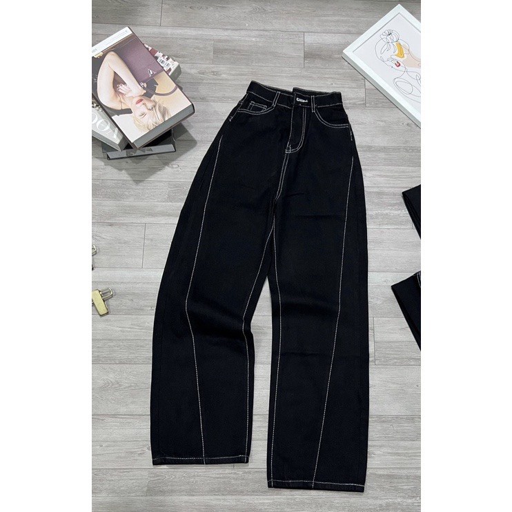 Quần Suông Nữ MunMunStore Quần Bò Chỉ Nổi Cá Tính Trẻ Trung, Ống Rộng Cạp Cao AK458