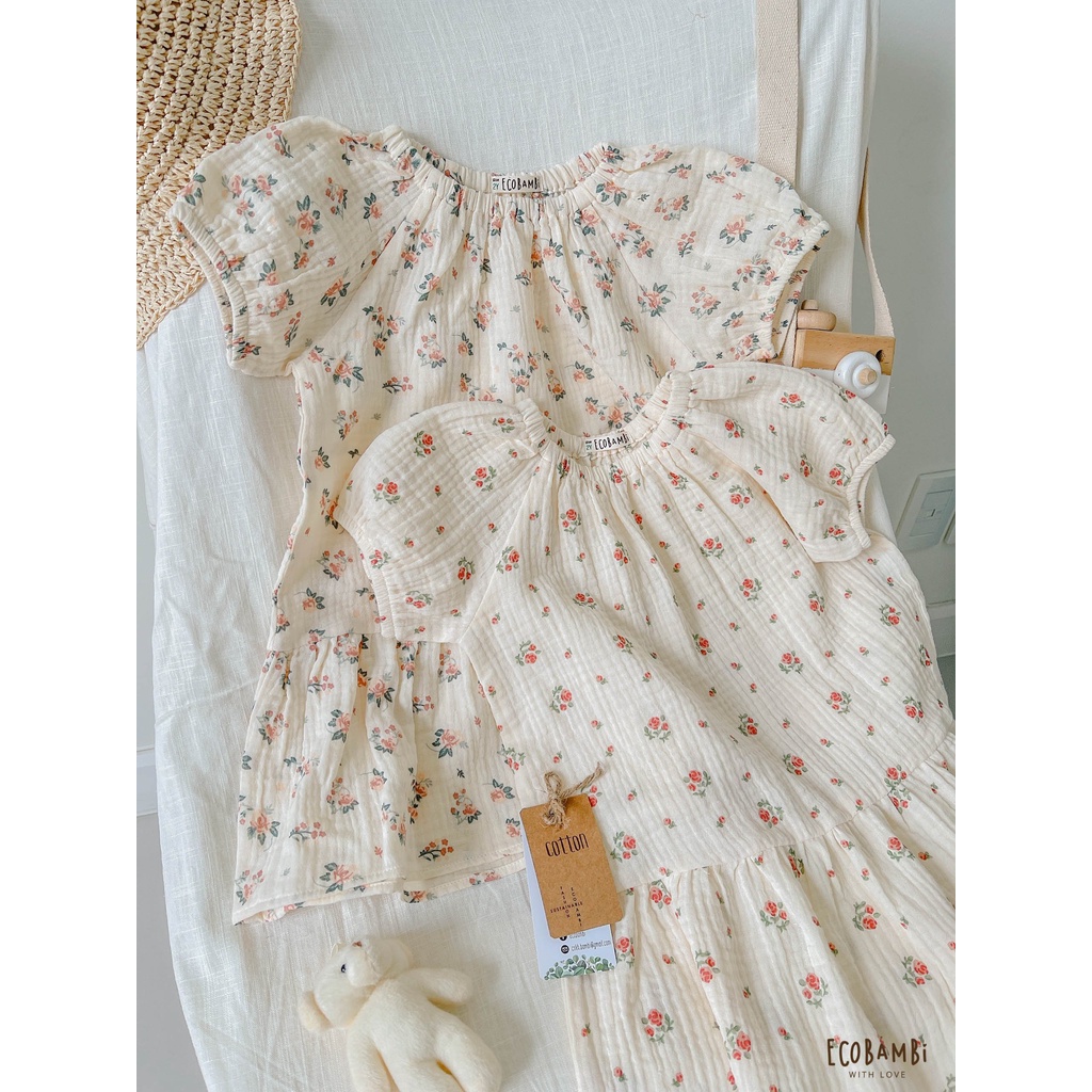 Đầm cotton muslin tay phồng hoa cỏ mùa xuân Ecobambi